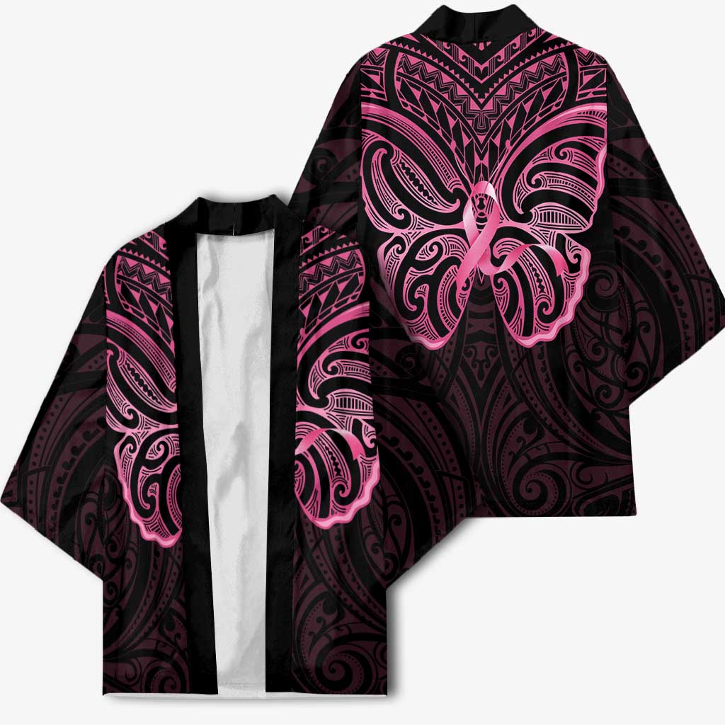 New Zealand Breast Cancer Awareness Kimono Maori Butterfly Pink Ribbon Black Version - Aussie Hoodie