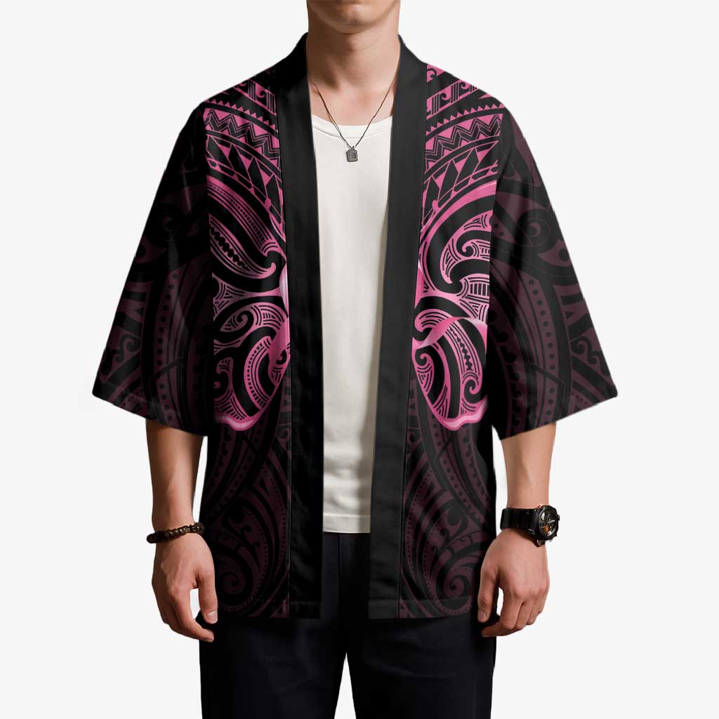 New Zealand Breast Cancer Awareness Kimono Maori Butterfly Pink Ribbon Black Version - Aussie Hoodie