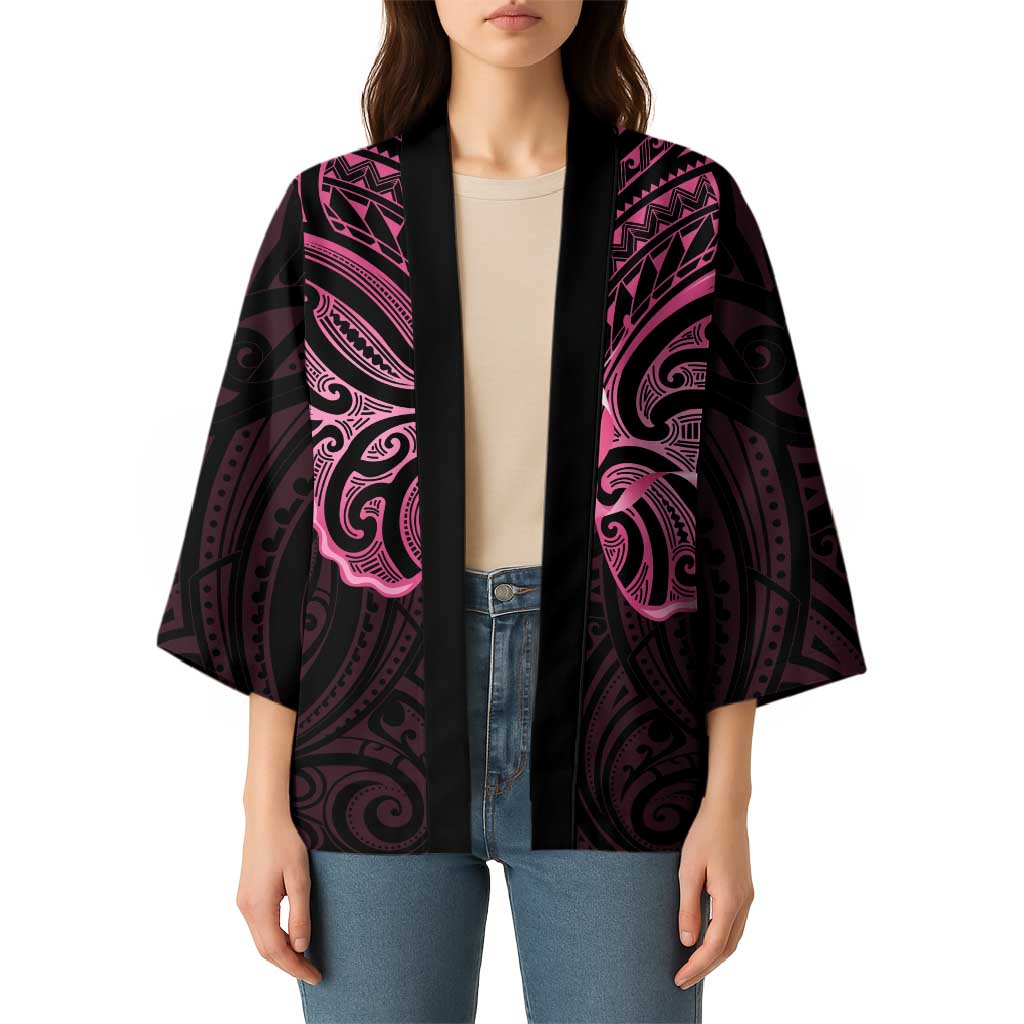 New Zealand Breast Cancer Awareness Kimono Maori Butterfly Pink Ribbon Black Version - Aussie Hoodie