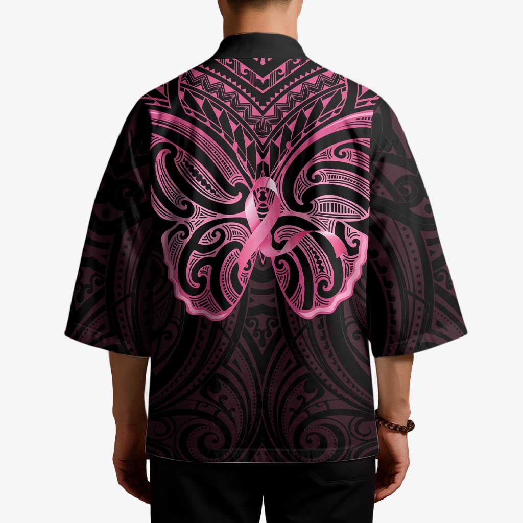New Zealand Breast Cancer Awareness Kimono Maori Butterfly Pink Ribbon Black Version - Aussie Hoodie