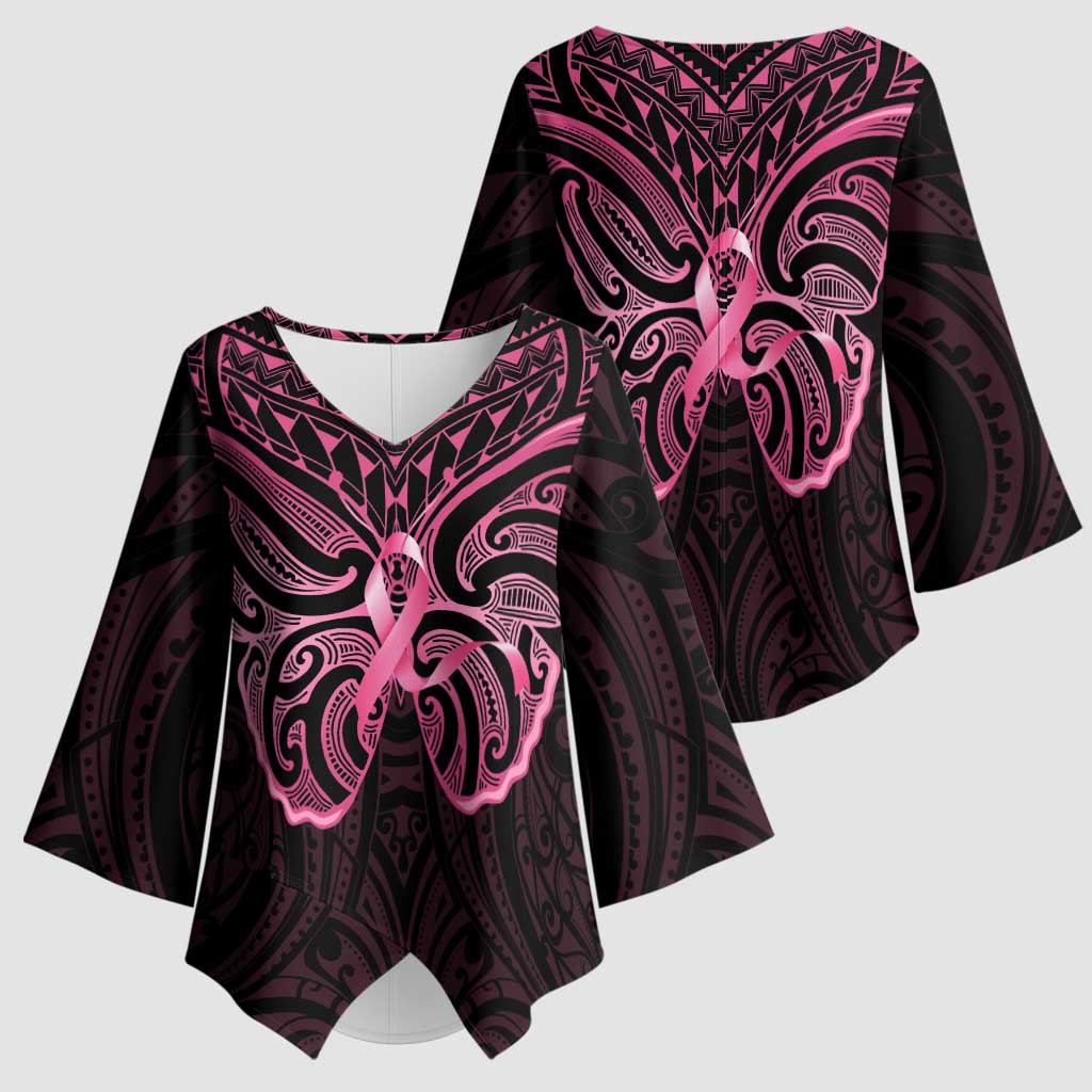 New Zealand Breast Cancer Awareness Kimono Sleeve Blouse Maori Butterfly Pink Ribbon Black Version - Aussie Hoodie