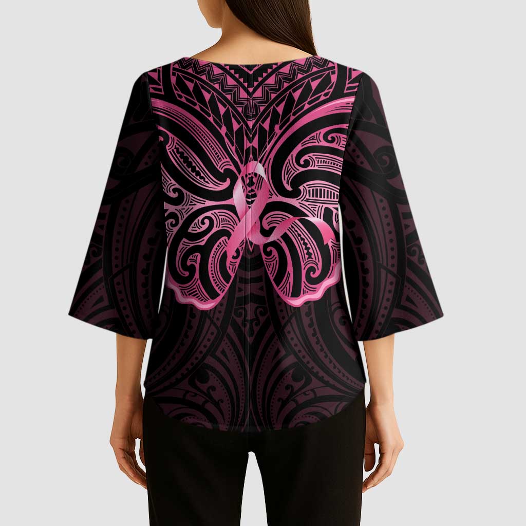 New Zealand Breast Cancer Awareness Kimono Sleeve Blouse Maori Butterfly Pink Ribbon Black Version - Aussie Hoodie
