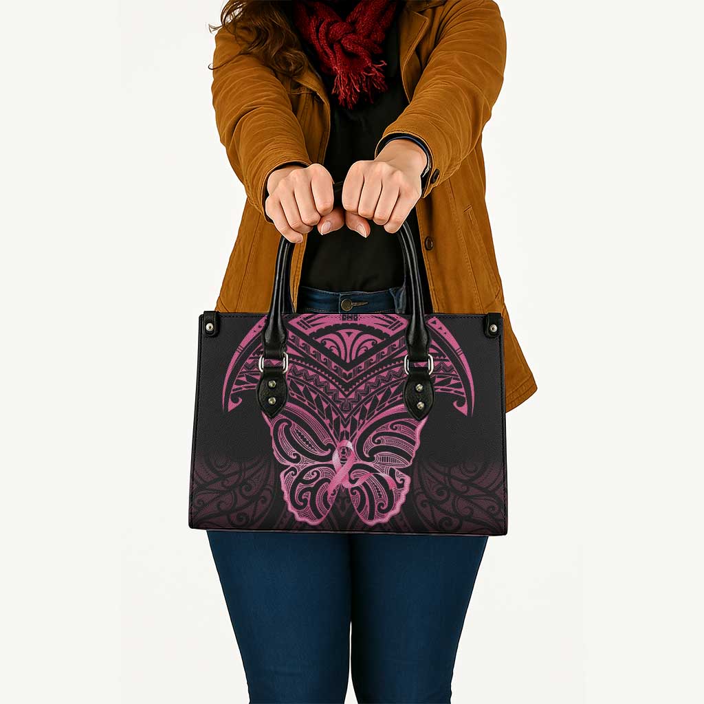 New Zealand Breast Cancer Awareness Leather Bag Maori Butterfly Pink Ribbon Black Version - Aussie Hoodie