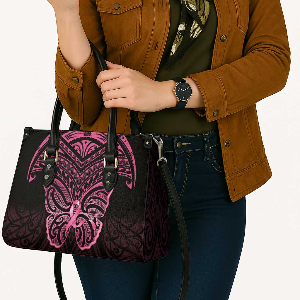 New Zealand Breast Cancer Awareness Leather Bag Maori Butterfly Pink Ribbon Black Version - Aussie Hoodie
