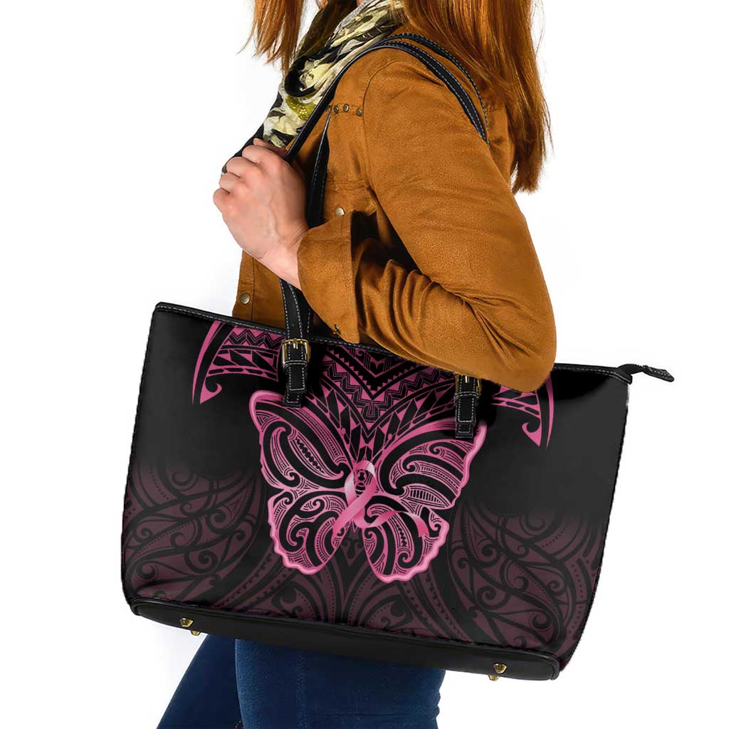 New Zealand Breast Cancer Awareness Leather Tote Bag Maori Butterfly Pink Ribbon Black Version - Aussie Hoodie