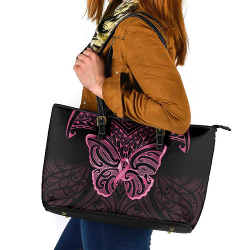 New Zealand Breast Cancer Awareness Leather Tote Bag Maori Butterfly Pink Ribbon Black Version - Aussie Hoodie