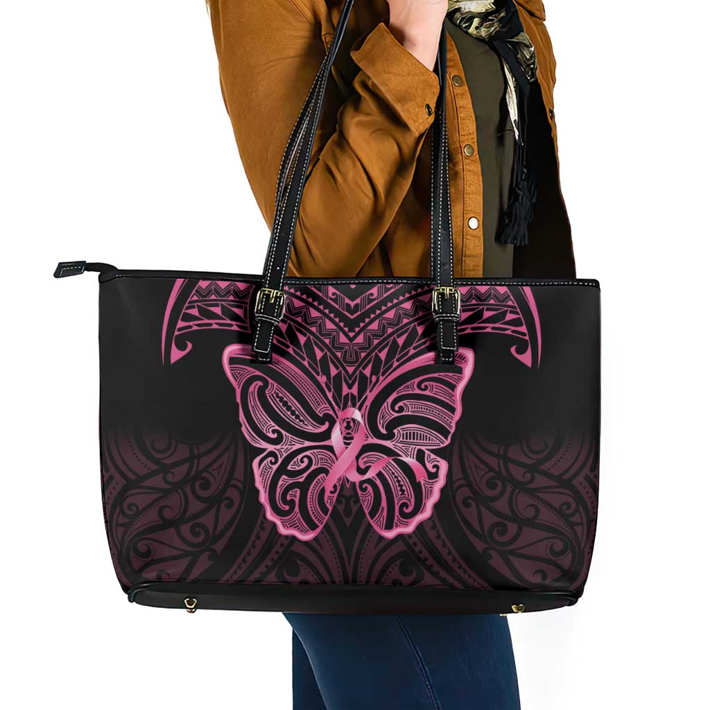 New Zealand Breast Cancer Awareness Leather Tote Bag Maori Butterfly Pink Ribbon Black Version - Aussie Hoodie