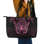 New Zealand Breast Cancer Awareness Leather Tote Bag Maori Butterfly Pink Ribbon Black Version - Aussie Hoodie