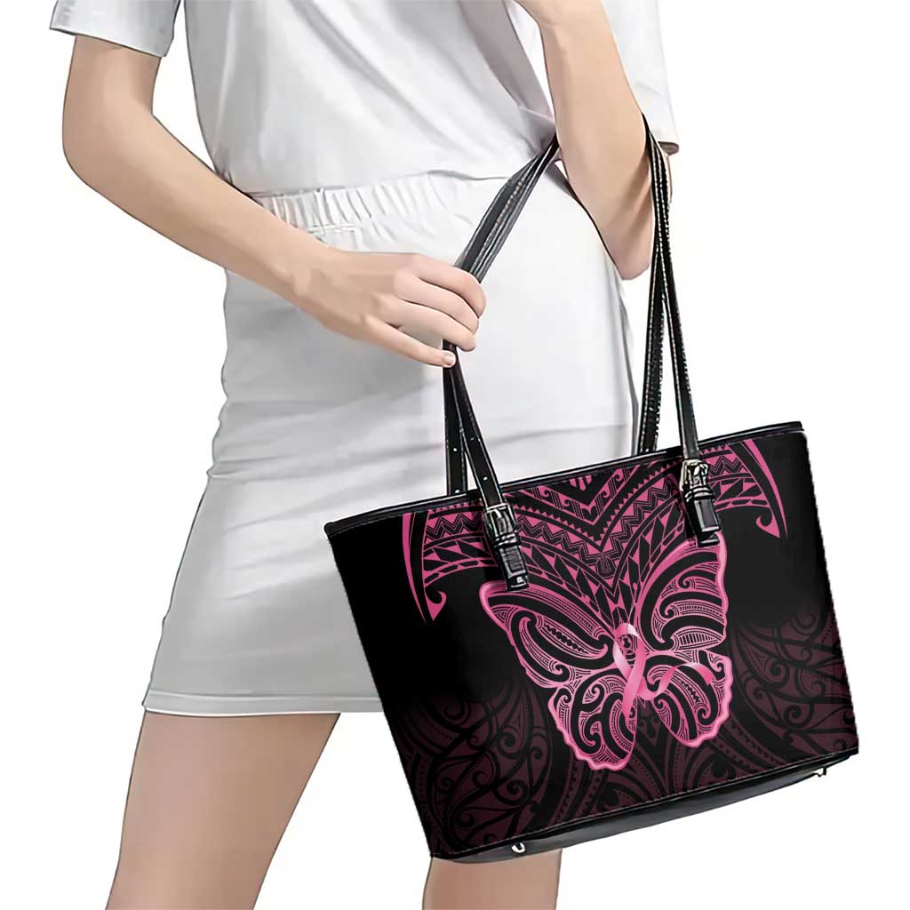 New Zealand Breast Cancer Awareness Leather Tote Bag Maori Butterfly Pink Ribbon Black Version - Aussie Hoodie