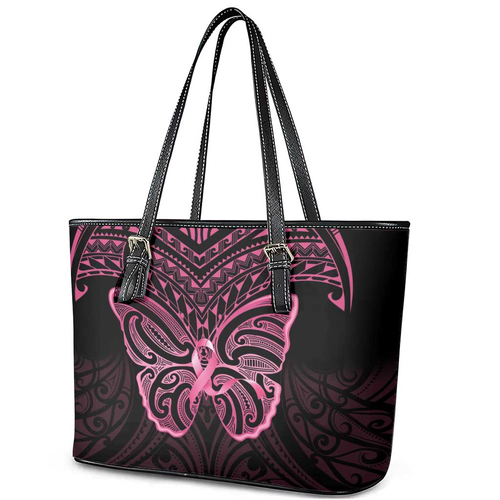 New Zealand Breast Cancer Awareness Leather Tote Bag Maori Butterfly Pink Ribbon Black Version - Aussie Hoodie