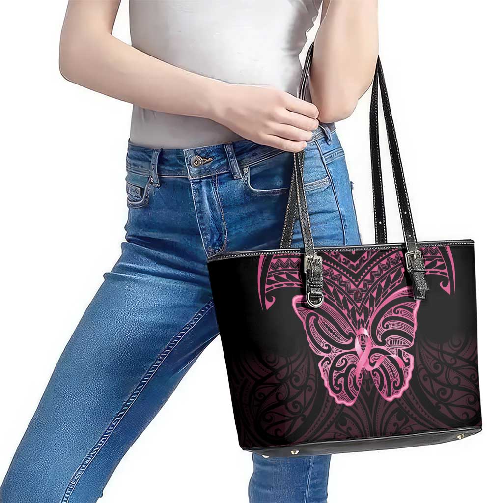 New Zealand Breast Cancer Awareness Leather Tote Bag Maori Butterfly Pink Ribbon Black Version - Aussie Hoodie
