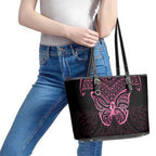New Zealand Breast Cancer Awareness Leather Tote Bag Maori Butterfly Pink Ribbon Black Version - Aussie Hoodie