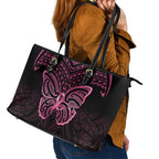 New Zealand Breast Cancer Awareness Leather Tote Bag Maori Butterfly Pink Ribbon Black Version - Aussie Hoodie