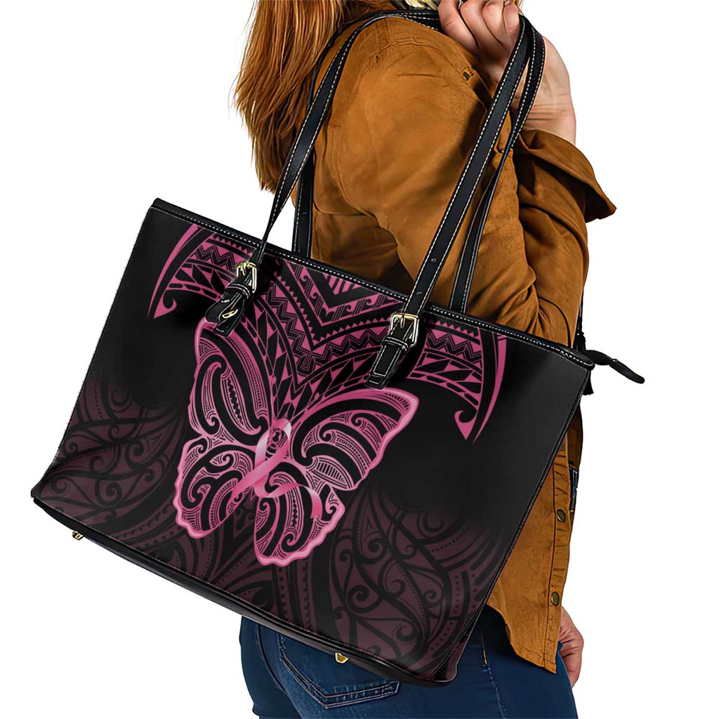 New Zealand Breast Cancer Awareness Leather Tote Bag Maori Butterfly Pink Ribbon Black Version - Aussie Hoodie