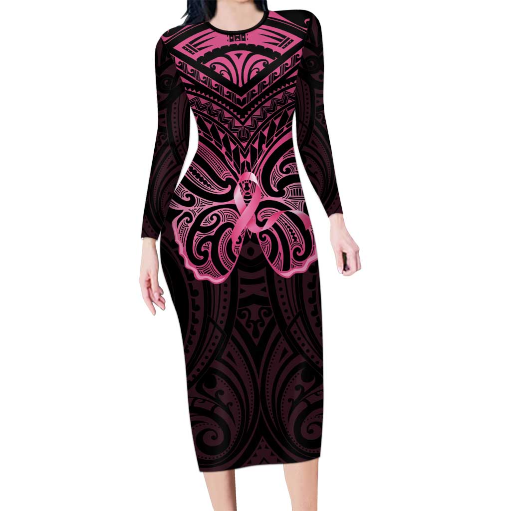 New Zealand Breast Cancer Awareness Long Sleeve Bodycon Dress Maori Butterfly Pink Ribbon Black Version - Aussie Hoodie