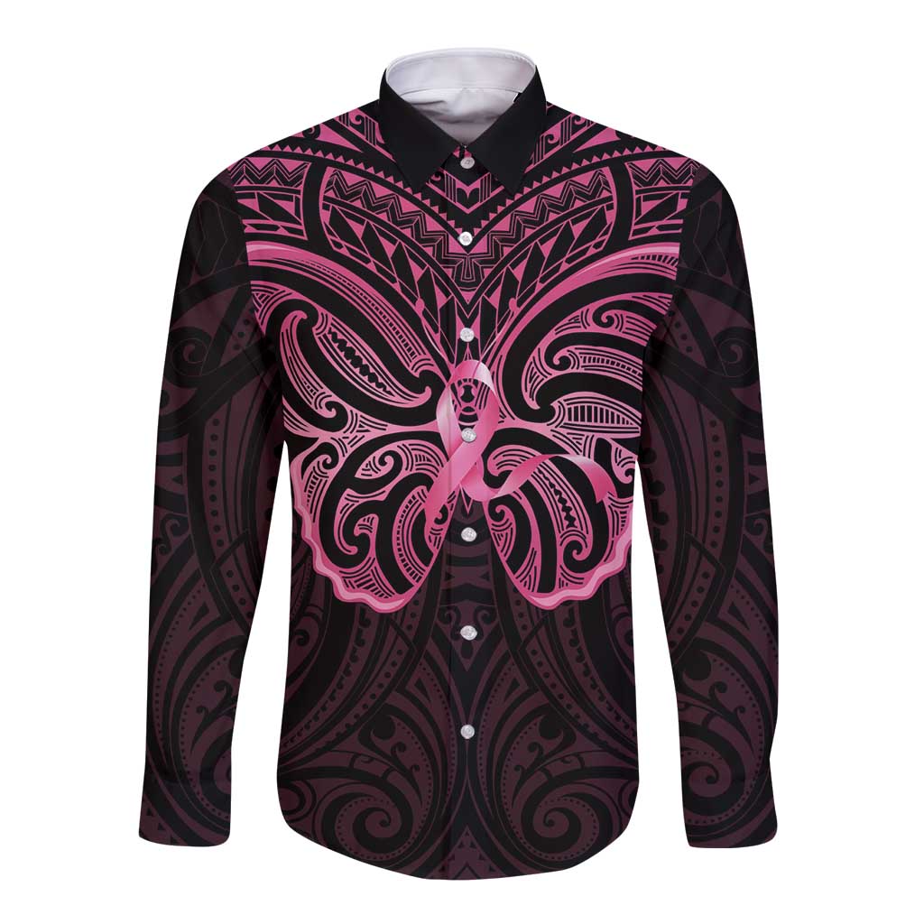 New Zealand Breast Cancer Awareness Long Sleeve Button Shirt Maori Butterfly Pink Ribbon Black Version - Aussie Hoodie