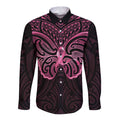 New Zealand Breast Cancer Awareness Long Sleeve Button Shirt Maori Butterfly Pink Ribbon Black Version - Aussie Hoodie