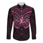 New Zealand Breast Cancer Awareness Long Sleeve Button Shirt Maori Butterfly Pink Ribbon Black Version - Aussie Hoodie