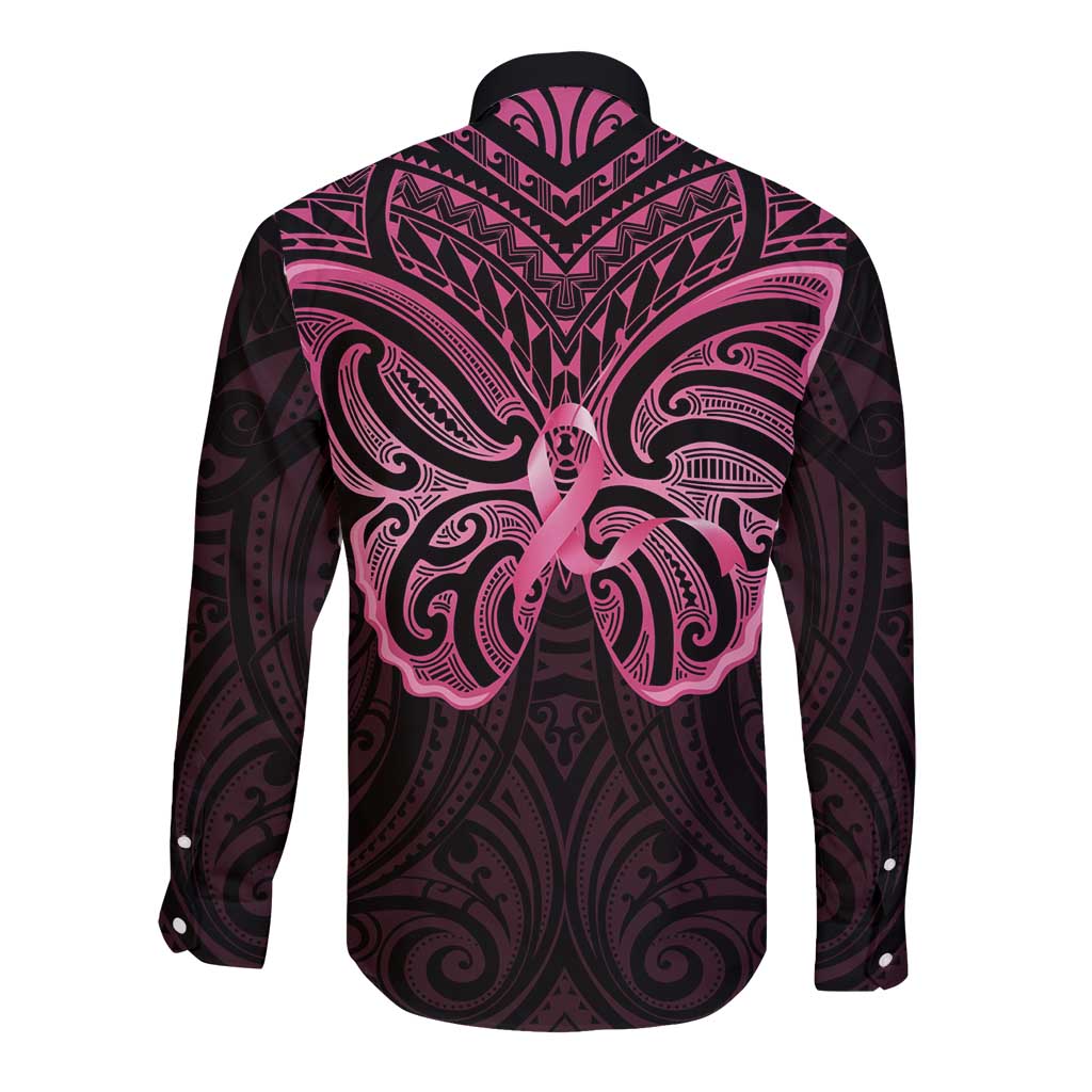 New Zealand Breast Cancer Awareness Long Sleeve Button Shirt Maori Butterfly Pink Ribbon Black Version - Aussie Hoodie