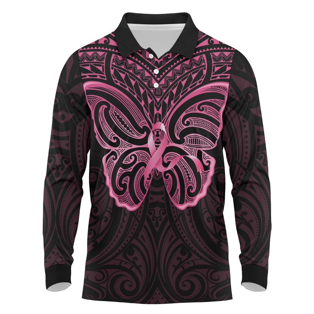 New Zealand Breast Cancer Awareness Long Sleeve Polo Shirt Maori Butterfly Pink Ribbon Black Version - Aussie Hoodie