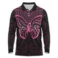 New Zealand Breast Cancer Awareness Long Sleeve Polo Shirt Maori Butterfly Pink Ribbon Black Version - Aussie Hoodie