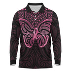 New Zealand Breast Cancer Awareness Long Sleeve Polo Shirt Maori Butterfly Pink Ribbon Black Version - Aussie Hoodie