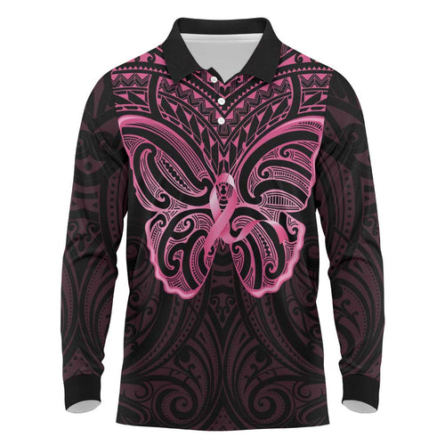 New Zealand Breast Cancer Awareness Long Sleeve Polo Shirt Maori Butterfly Pink Ribbon Black Version - Aussie Hoodie