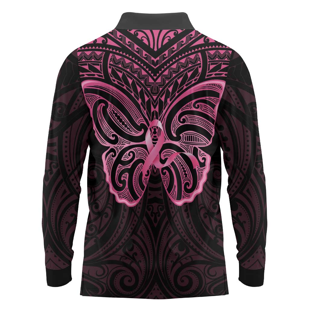 New Zealand Breast Cancer Awareness Long Sleeve Polo Shirt Maori Butterfly Pink Ribbon Black Version - Aussie Hoodie