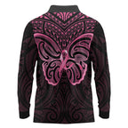 New Zealand Breast Cancer Awareness Long Sleeve Polo Shirt Maori Butterfly Pink Ribbon Black Version - Aussie Hoodie