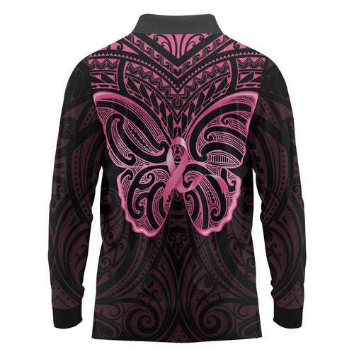 New Zealand Breast Cancer Awareness Long Sleeve Polo Shirt Maori Butterfly Pink Ribbon Black Version - Aussie Hoodie