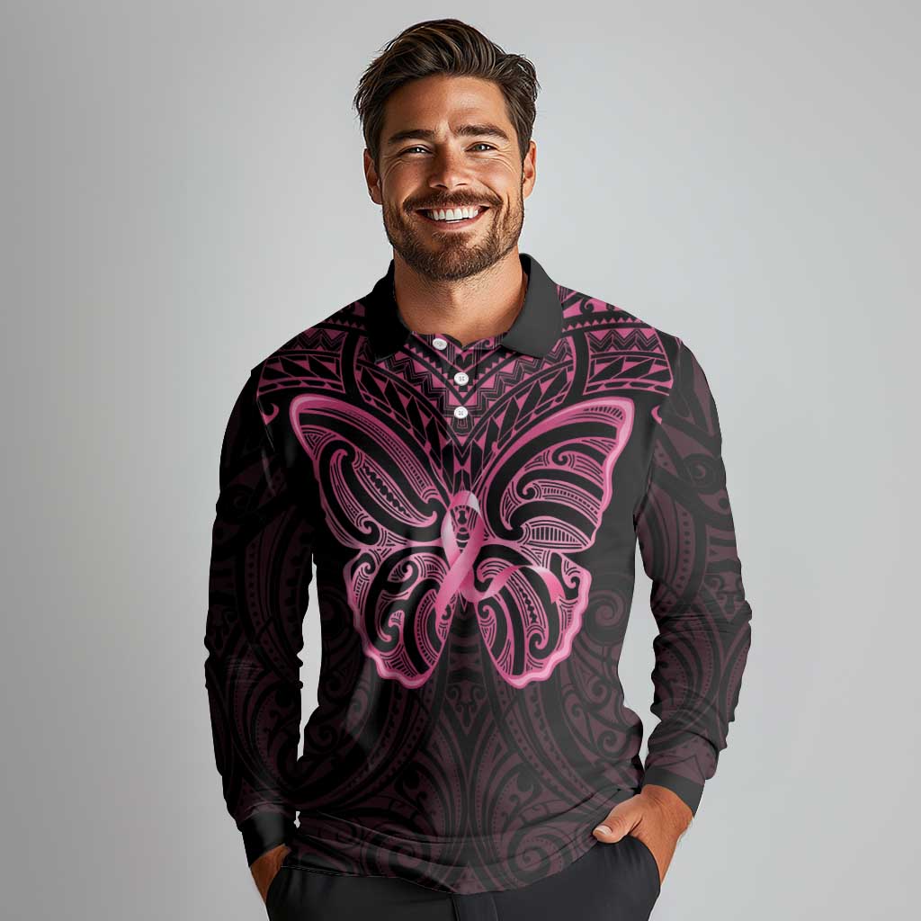 New Zealand Breast Cancer Awareness Long Sleeve Polo Shirt Maori Butterfly Pink Ribbon Black Version - Aussie Hoodie