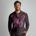New Zealand Breast Cancer Awareness Long Sleeve Polo Shirt Maori Butterfly Pink Ribbon Black Version - Aussie Hoodie