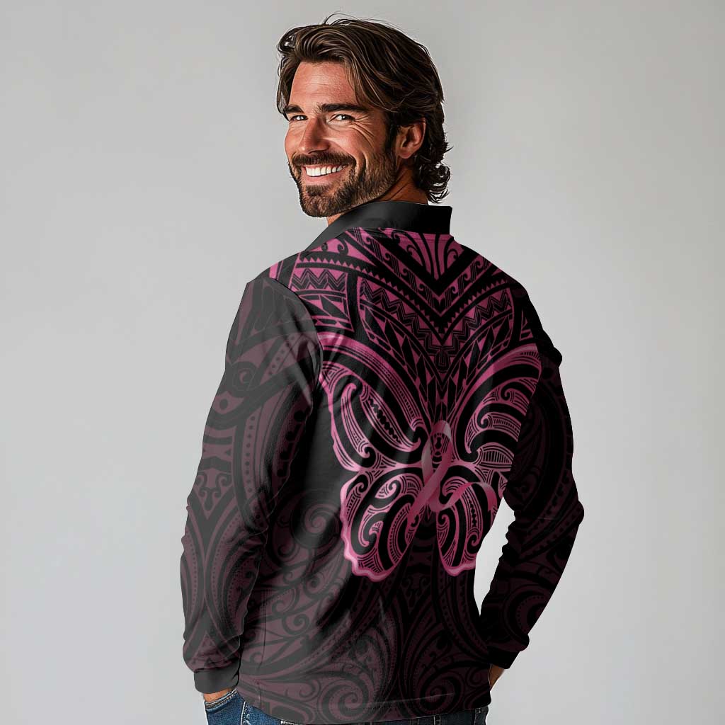New Zealand Breast Cancer Awareness Long Sleeve Polo Shirt Maori Butterfly Pink Ribbon Black Version - Aussie Hoodie