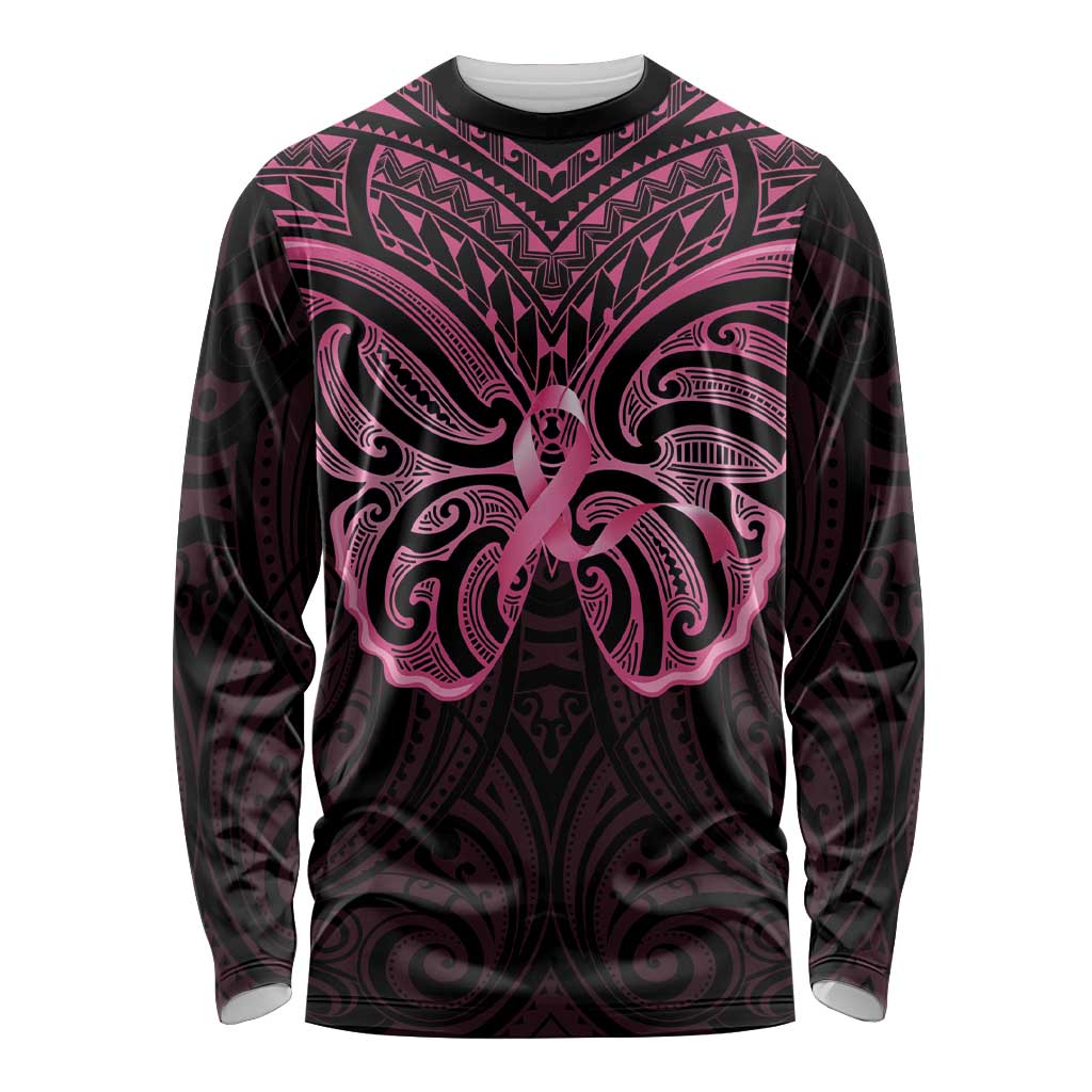 New Zealand Breast Cancer Awareness Long Sleeve Shirt Maori Butterfly Pink Ribbon Black Version - Aussie Hoodie