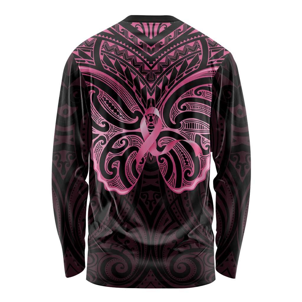 New Zealand Breast Cancer Awareness Long Sleeve Shirt Maori Butterfly Pink Ribbon Black Version - Aussie Hoodie