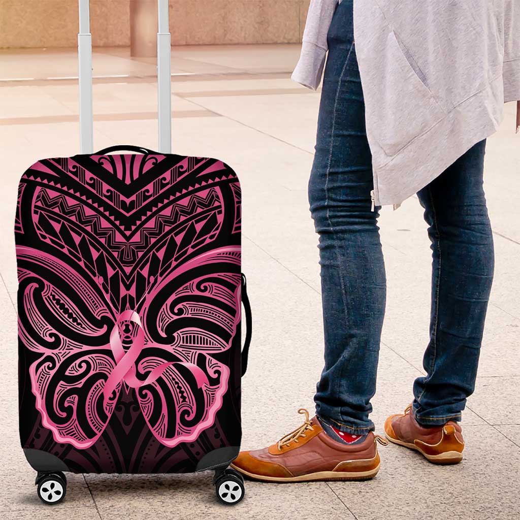 New Zealand Breast Cancer Awareness Luggage Cover Maori Butterfly Pink Ribbon Black Version - Aussie Hoodie