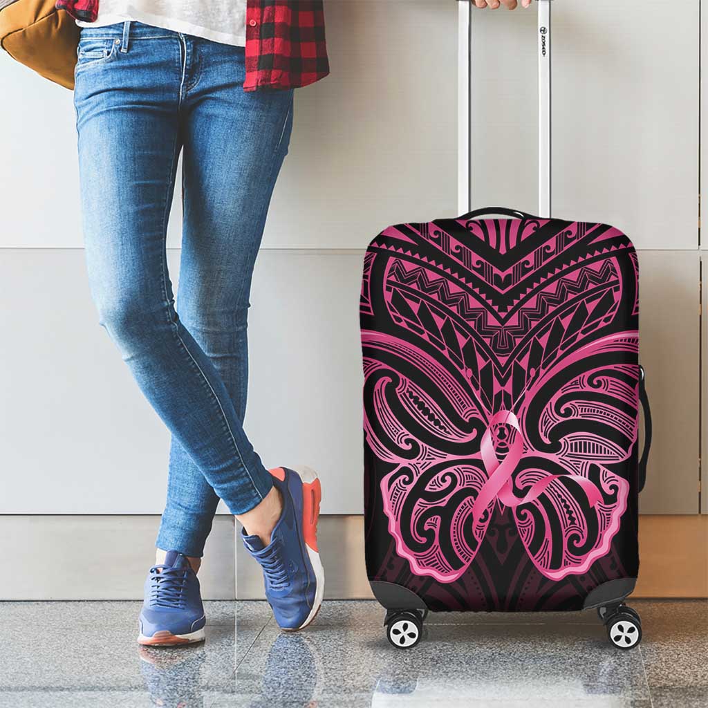 New Zealand Breast Cancer Awareness Luggage Cover Maori Butterfly Pink Ribbon Black Version - Aussie Hoodie