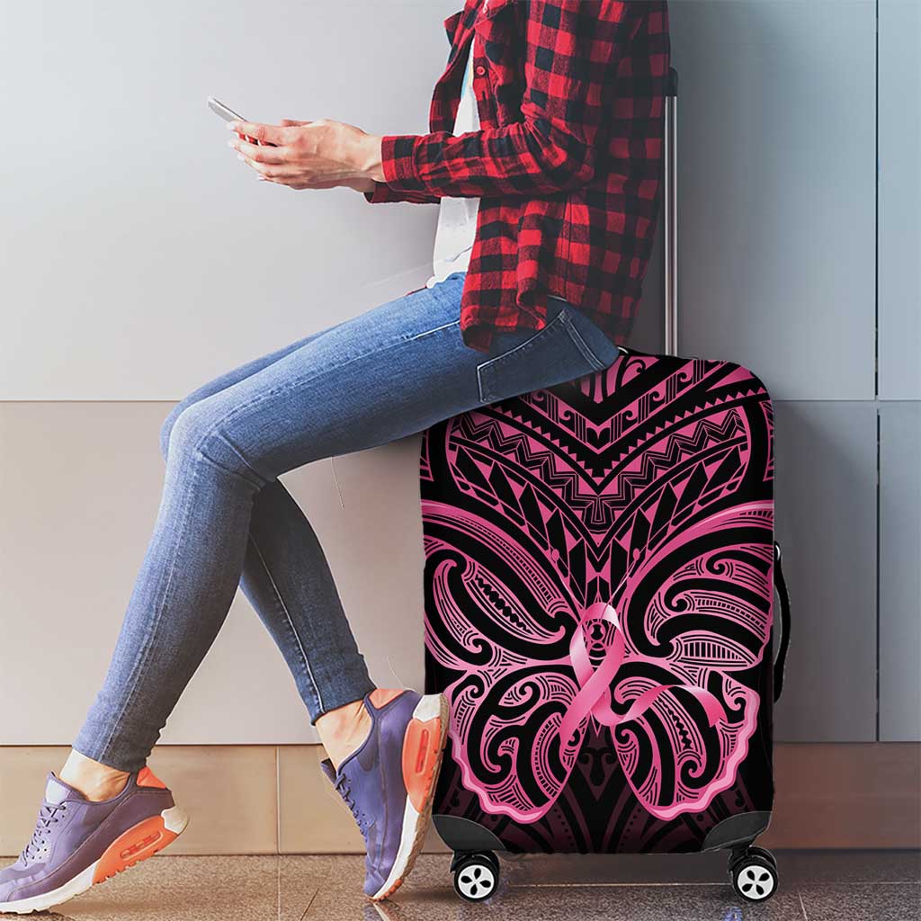 New Zealand Breast Cancer Awareness Luggage Cover Maori Butterfly Pink Ribbon Black Version - Aussie Hoodie