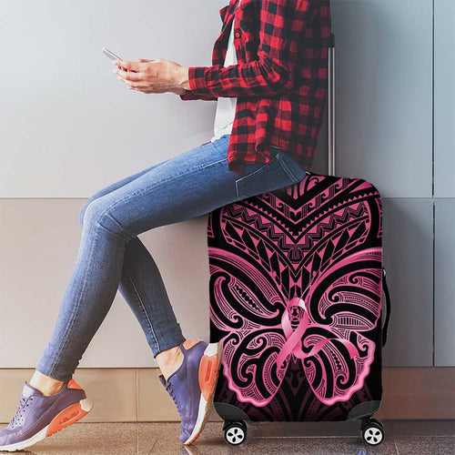 New Zealand Breast Cancer Awareness Luggage Cover Maori Butterfly Pink Ribbon Black Version - Aussie Hoodie