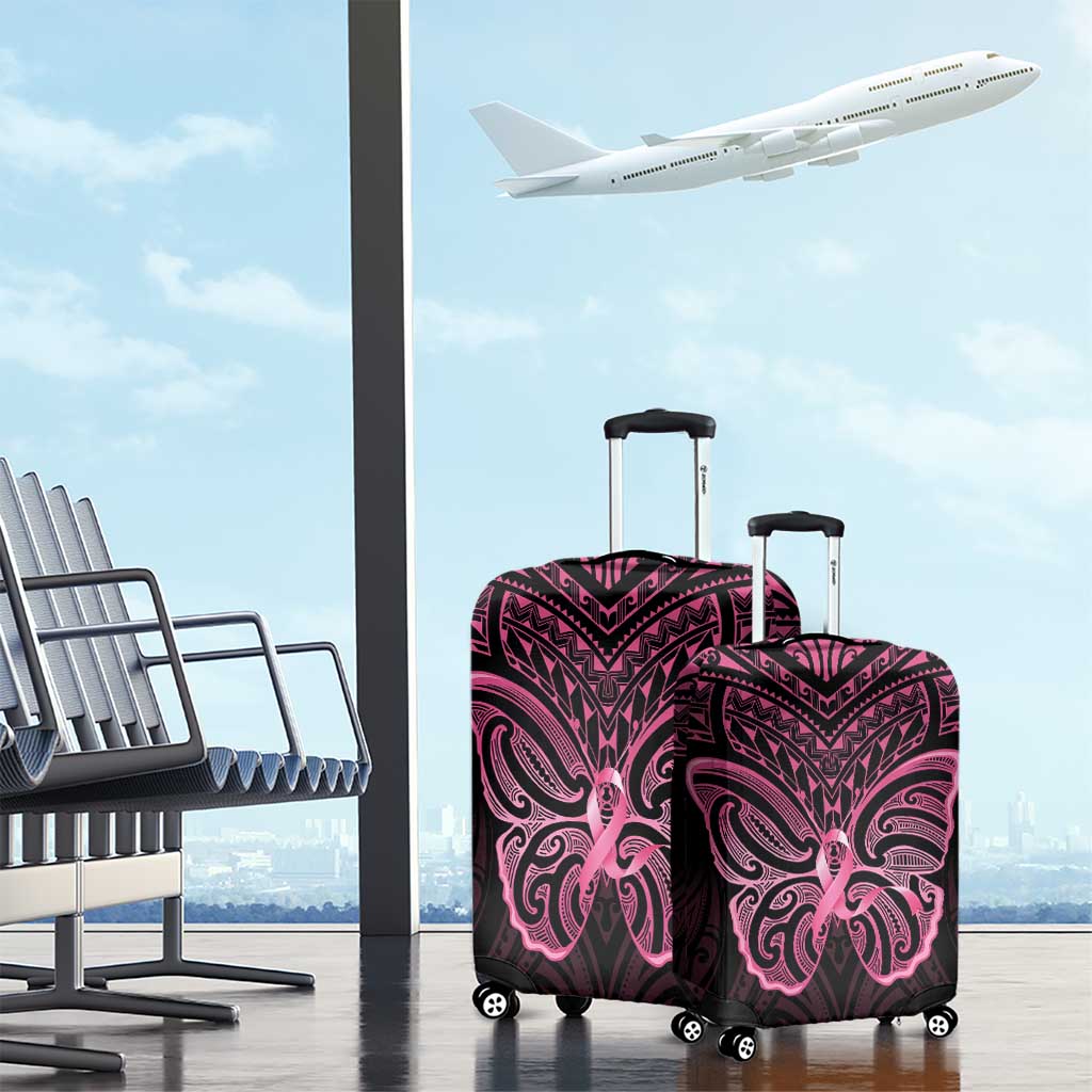 New Zealand Breast Cancer Awareness Luggage Cover Maori Butterfly Pink Ribbon Black Version - Aussie Hoodie