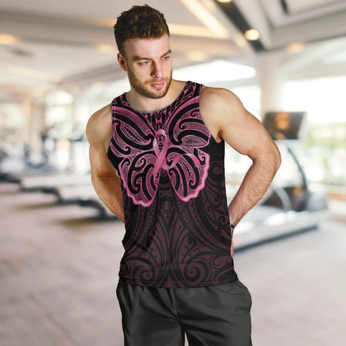 New Zealand Breast Cancer Awareness Men Tank Top Maori Butterfly Pink Ribbon Black Version - Aussie Hoodie