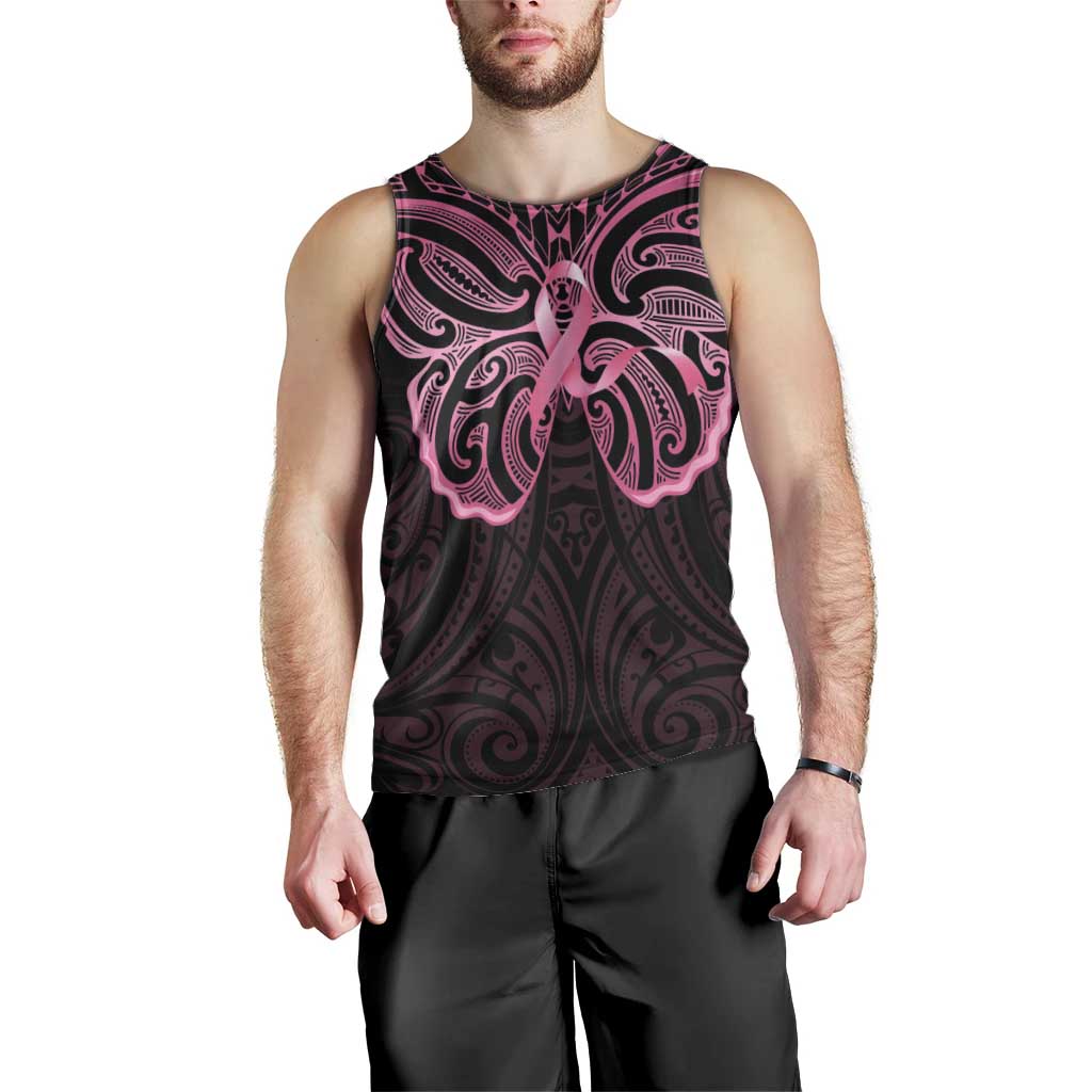 New Zealand Breast Cancer Awareness Men Tank Top Maori Butterfly Pink Ribbon Black Version - Aussie Hoodie