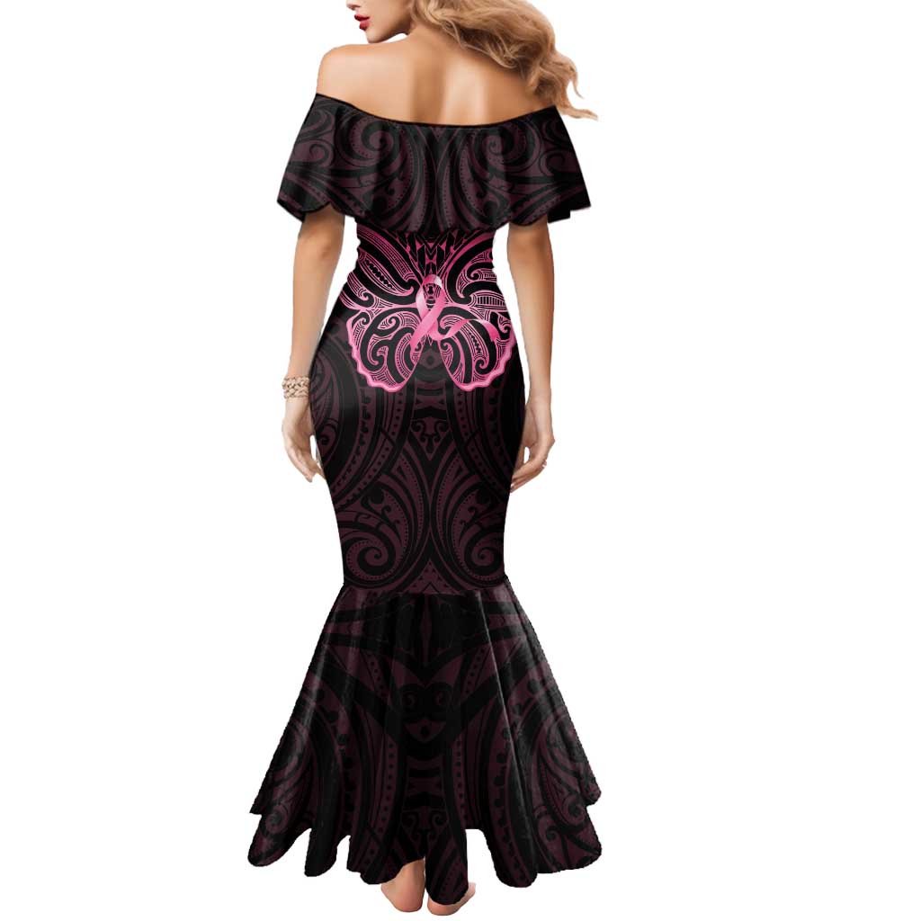 New Zealand Breast Cancer Awareness Mermaid Dress Maori Butterfly Pink Ribbon Black Version - Aussie Hoodie