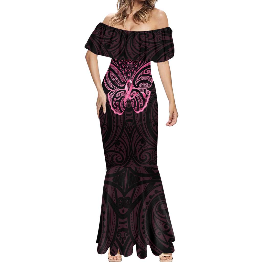 New Zealand Breast Cancer Awareness Mermaid Dress Maori Butterfly Pink Ribbon Black Version - Aussie Hoodie