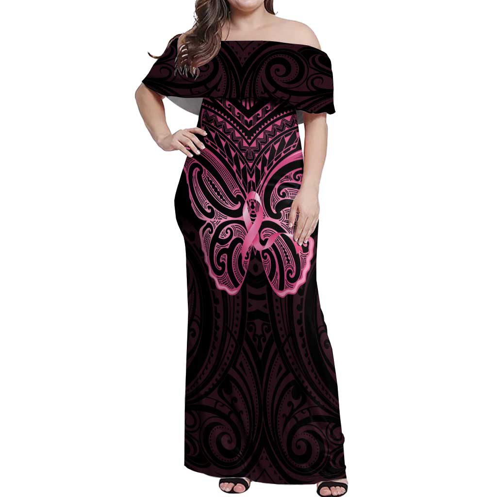 New Zealand Breast Cancer Awareness Off Shoulder Maxi Dress Maori Butterfly Pink Ribbon Black Version - Aussie Hoodie
