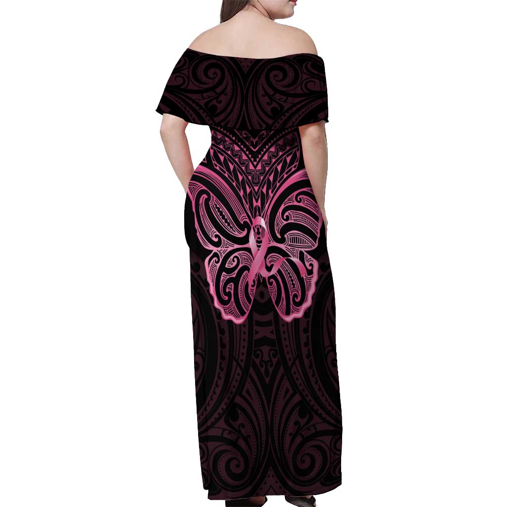 New Zealand Breast Cancer Awareness Off Shoulder Maxi Dress Maori Butterfly Pink Ribbon Black Version - Aussie Hoodie
