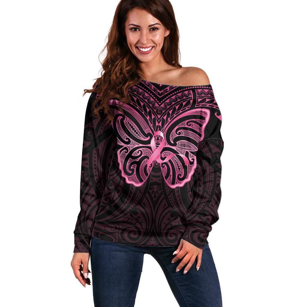 New Zealand Breast Cancer Awareness Off Shoulder Sweater Maori Butterfly Pink Ribbon Black Version - Aussie Hoodie