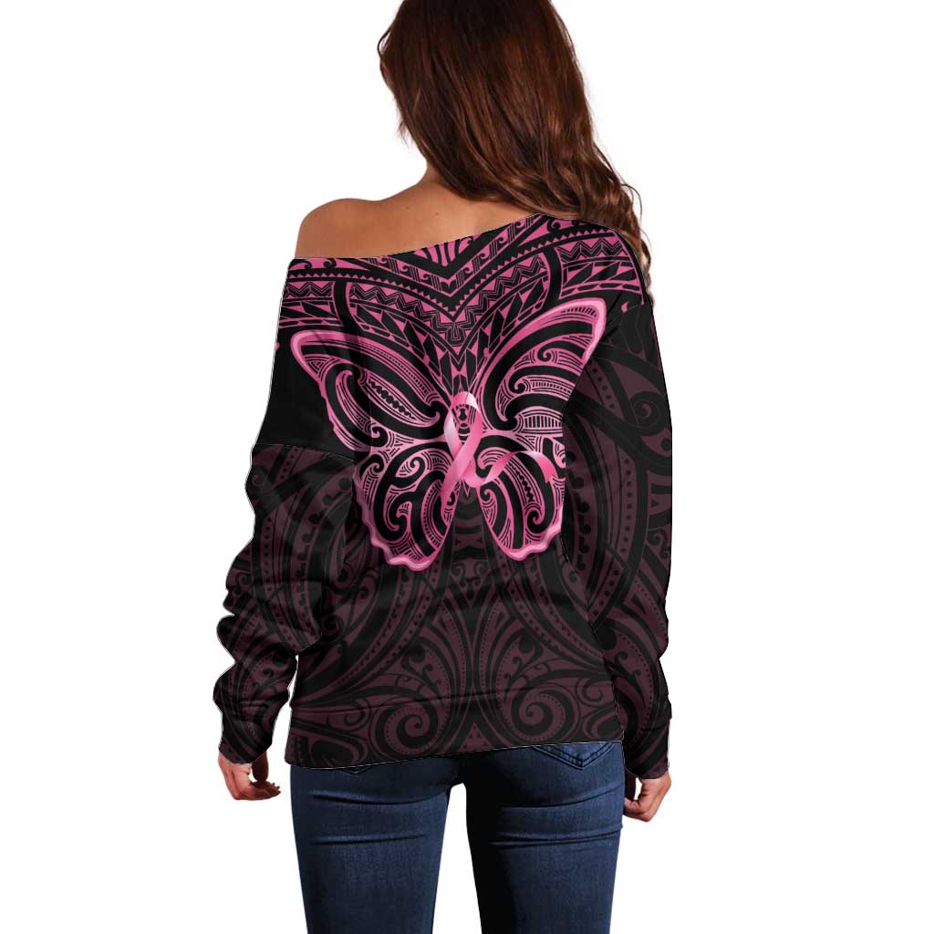 New Zealand Breast Cancer Awareness Off Shoulder Sweater Maori Butterfly Pink Ribbon Black Version - Aussie Hoodie