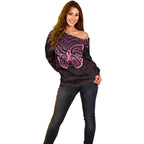New Zealand Breast Cancer Awareness Off Shoulder Sweater Maori Butterfly Pink Ribbon Black Version - Aussie Hoodie