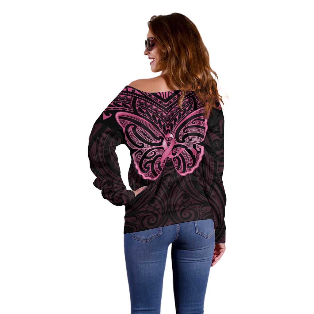 New Zealand Breast Cancer Awareness Off Shoulder Sweater Maori Butterfly Pink Ribbon Black Version - Aussie Hoodie